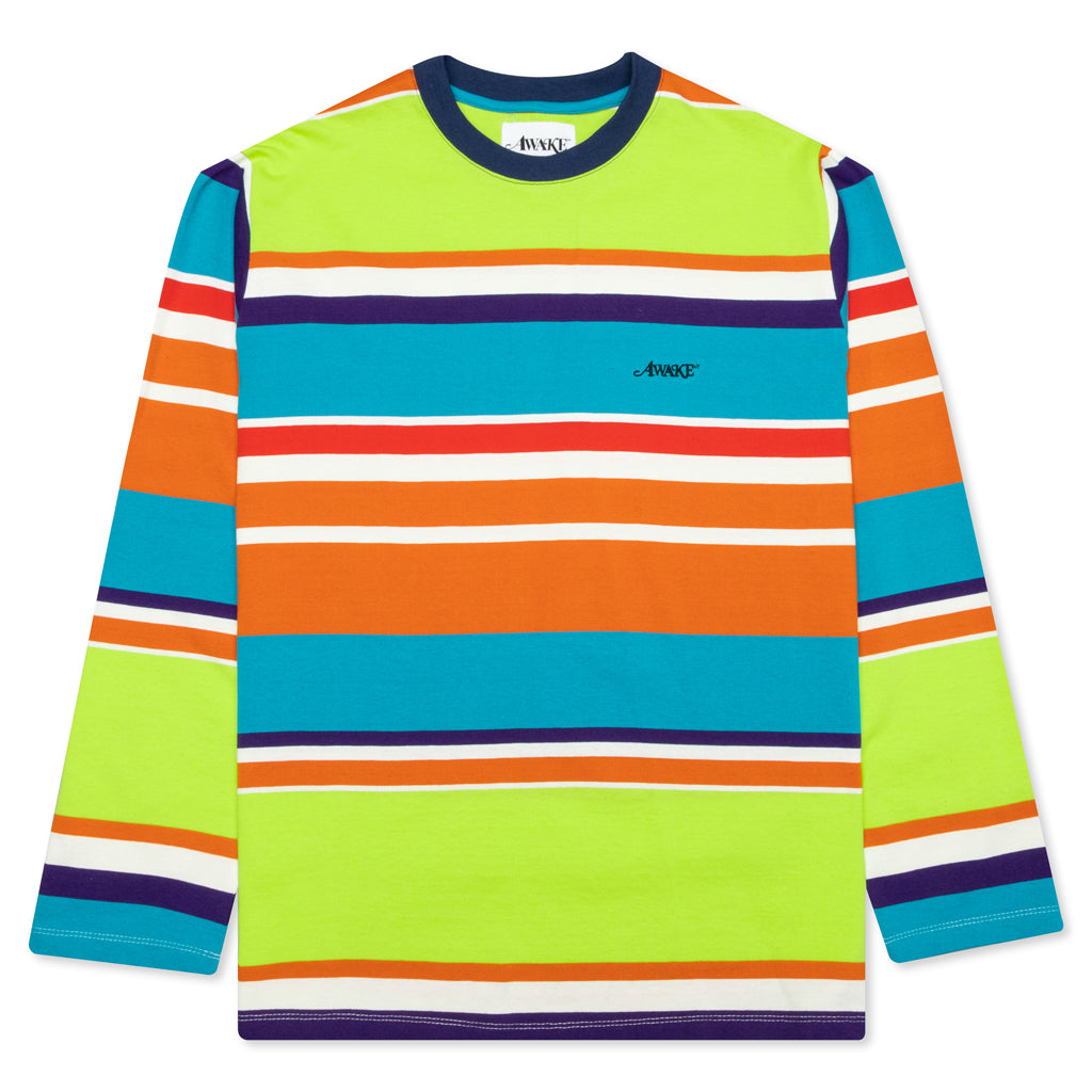 Awake Embroidered Logo L/S Striped Tee - Lime Green