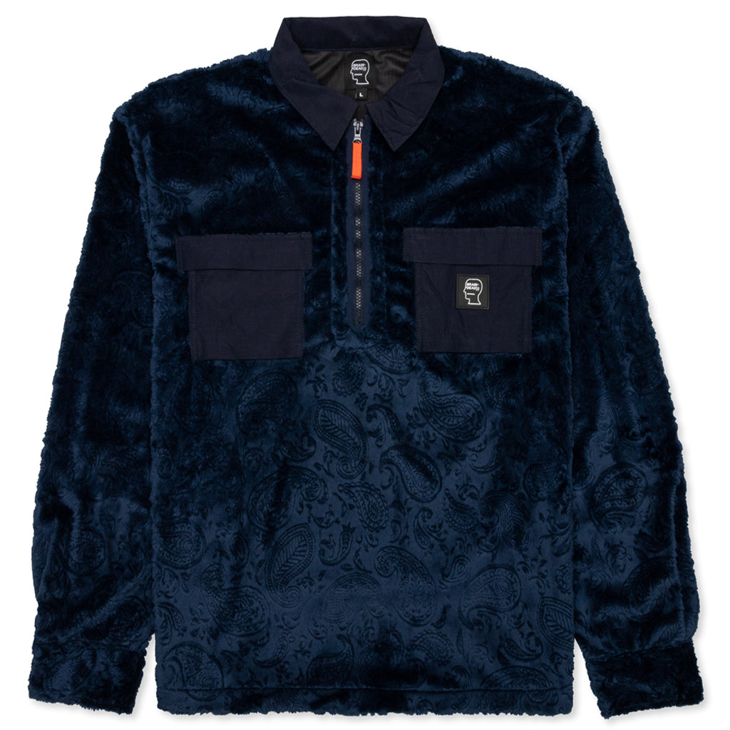 Debossed Paisley Fur Half Zip Shirt - Navy