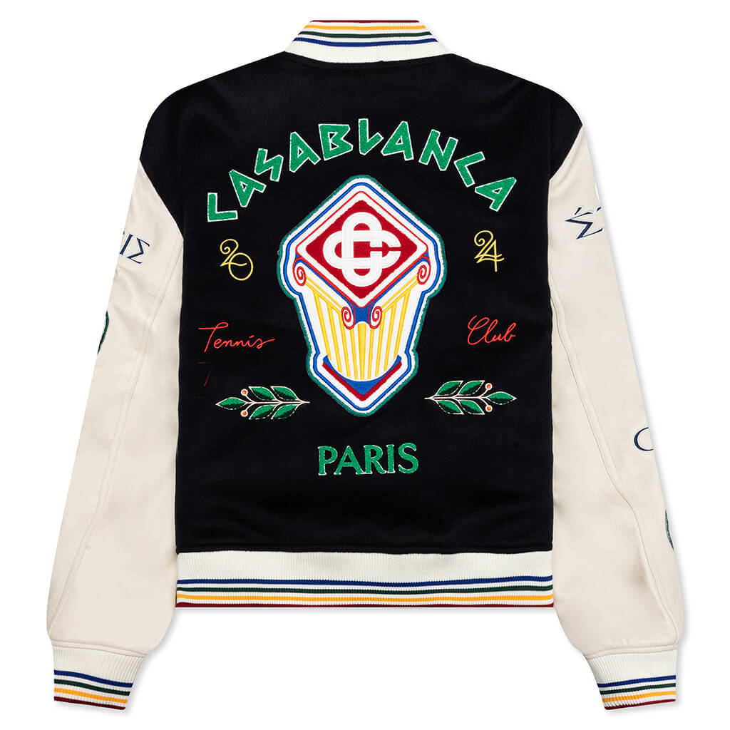 Chenille Embroidered Patchwork Bomber Jacket - Navy/Off-White