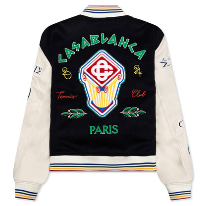 Chenille Embroidered Patchwork Bomber Jacket - Navy/Off-White
