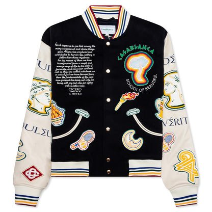 Chenille Embroidered Patchwork Bomber Jacket - Navy/Off-White