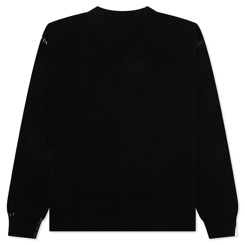 Wool Patch Mending Roundneck Sweater - Black