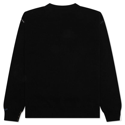 Wool Patch Mending Roundneck Sweater - Black