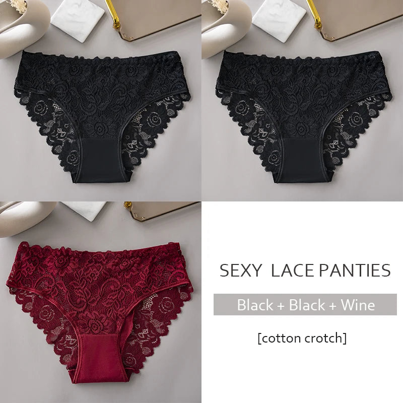 Floral Embroidery Lace Panties 3PCS Sexy Women Briefs