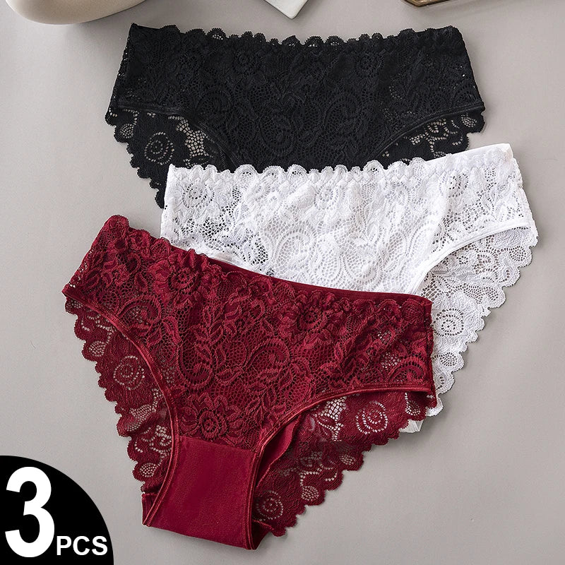 Floral Embroidery Lace Panties 3PCS Sexy Women Briefs