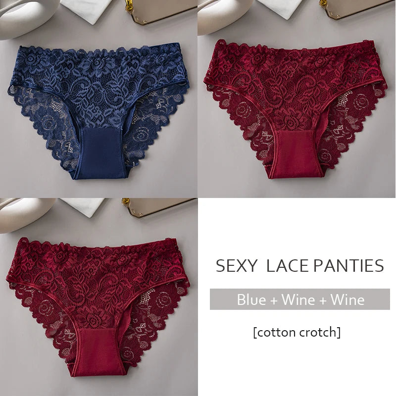 Floral Embroidery Lace Panties 3PCS Sexy Women Briefs
