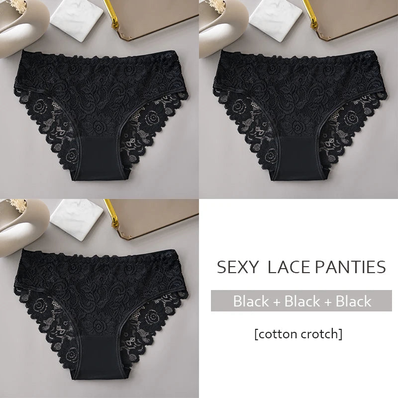 Floral Embroidery Lace Panties 3PCS Sexy Women Briefs