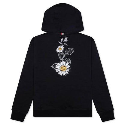 Relaxed Fit Hoodie Pullover w/ Broderie Anglaise Flower - Navy