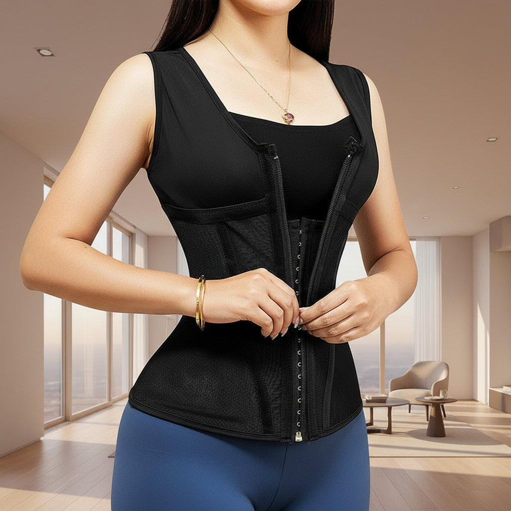 Double compression shapewear waist trainer for women with zipper closure and adjustable straps